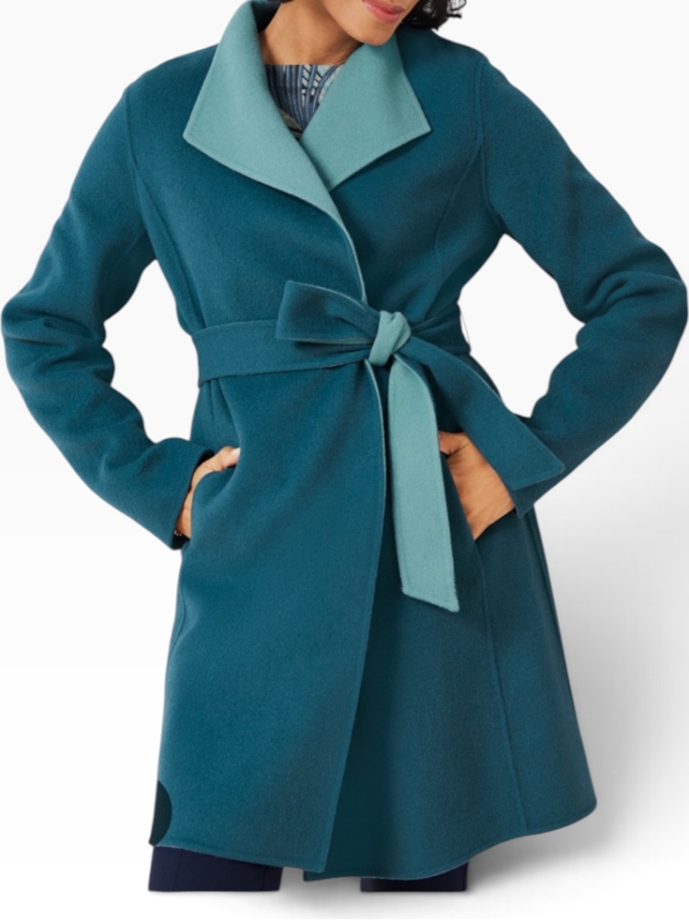 Talbots Teal/Blue Wool Blend Felted Double Face Belted  Wrap Jacket 2P